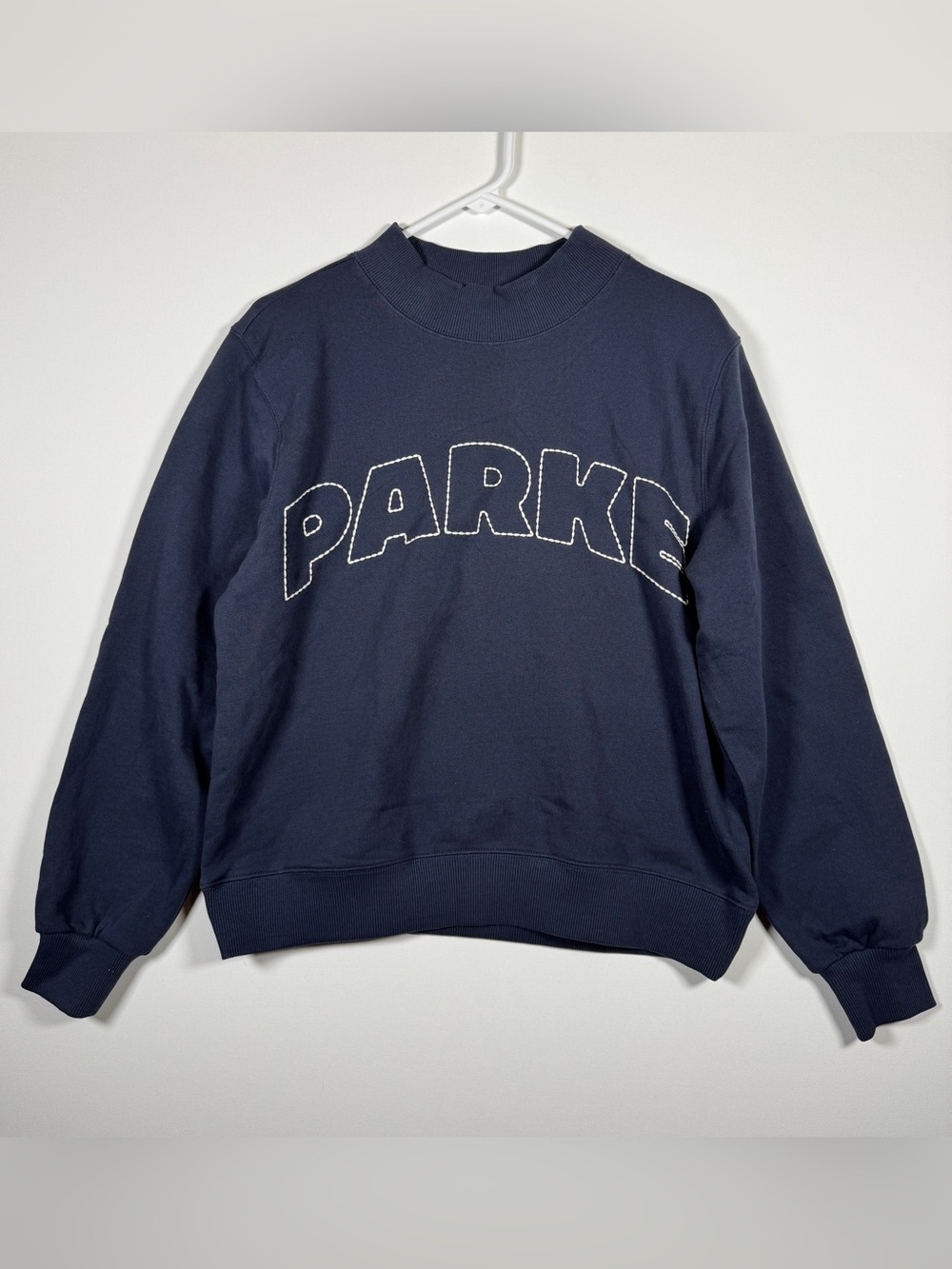 Women's Mockneck Pullover Sweatshirt, NWT- Parke x Target Navy XXS/XS, in hand